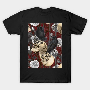 Raven's secret. Dark and moody gothic illustration with human skulls and roses T-Shirt